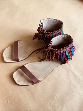 Zara Brown Lace-Up Sandals with Multicolor Fringe